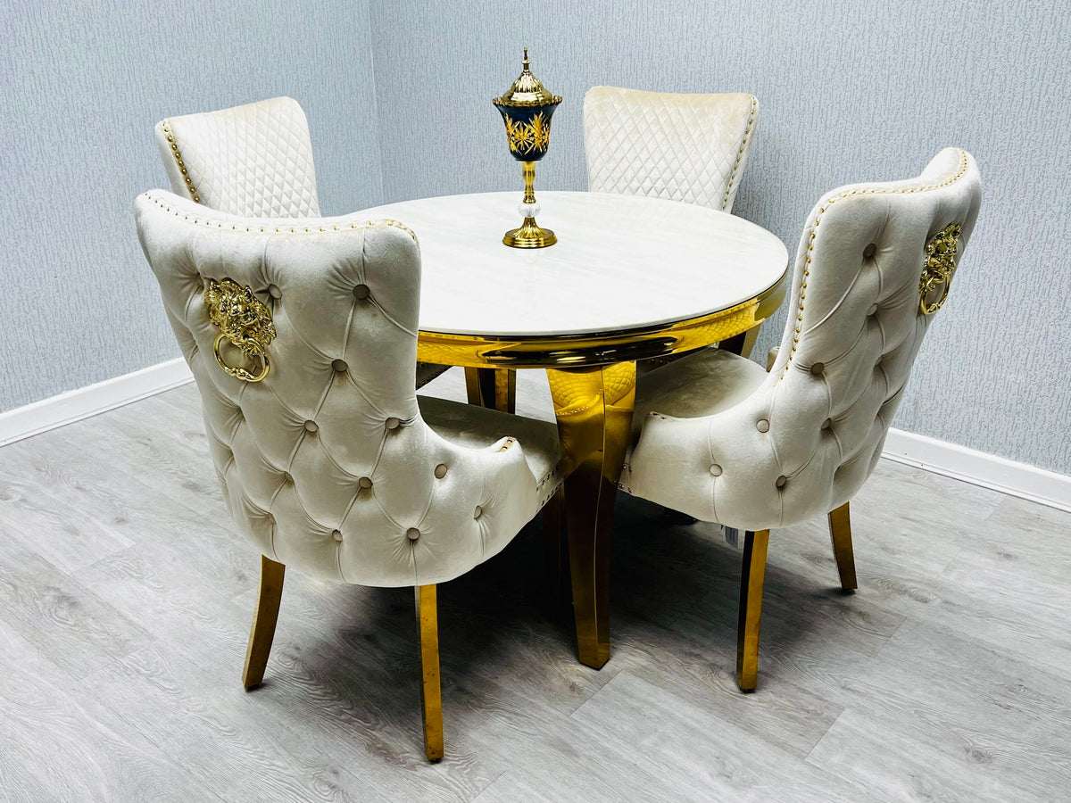 Sofia Round Cream & Gold Marble Dining Table with Victoria Knocker Chairs