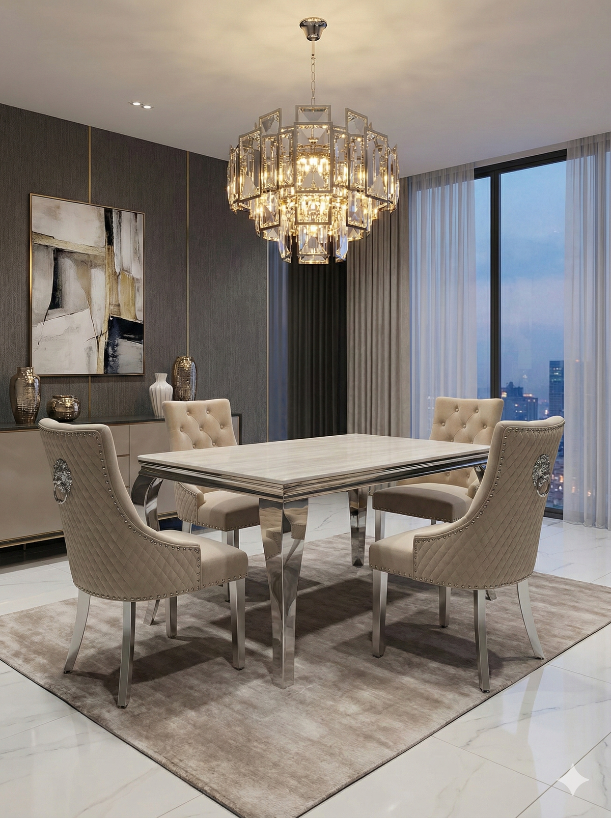 Sofia Grey Marble Dining Table with Majestic Grey Lion Knocker Chairs