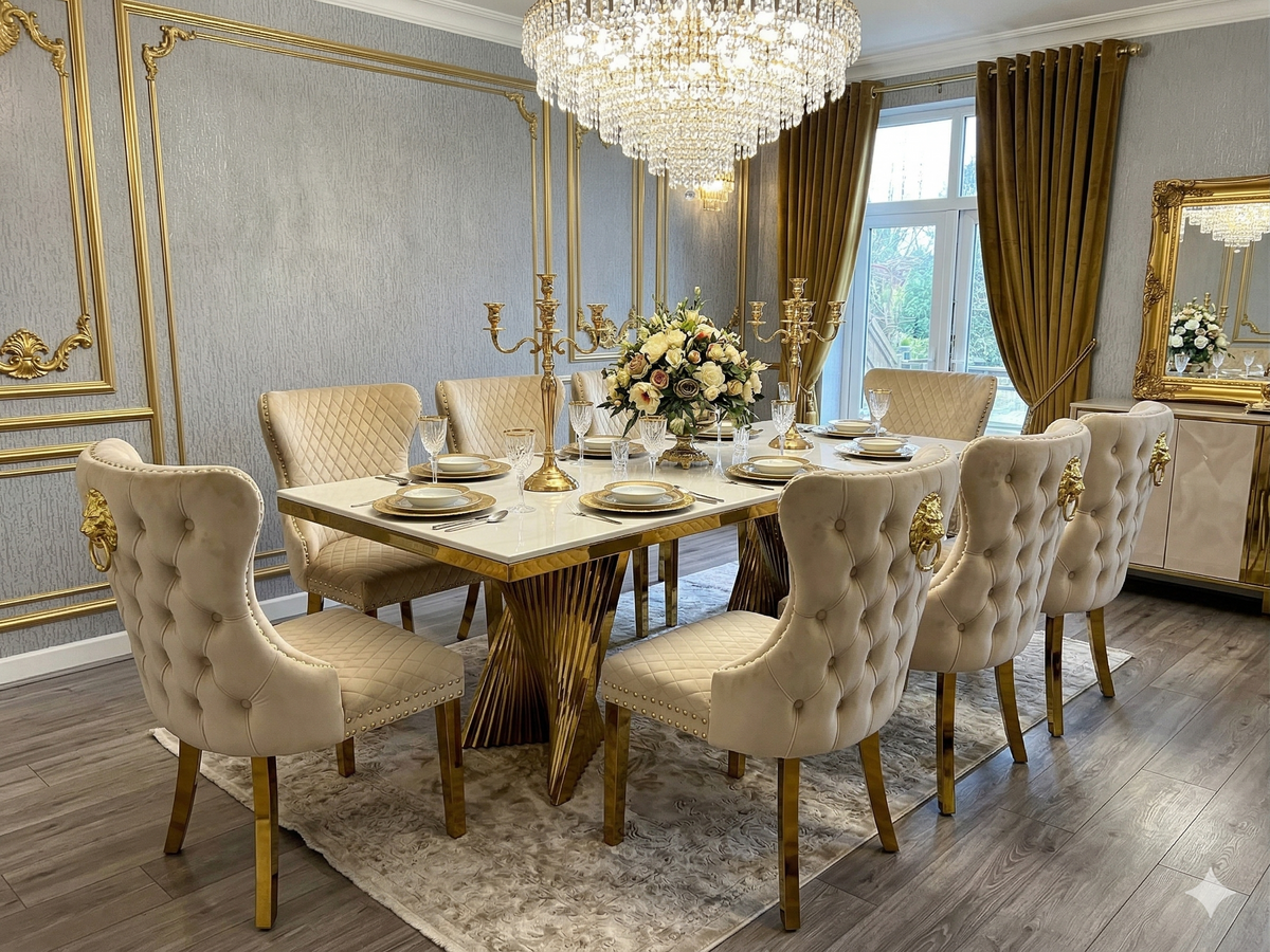 Ravello 160cm Cream & Gold Dining Table Set with Valentino Chairs
