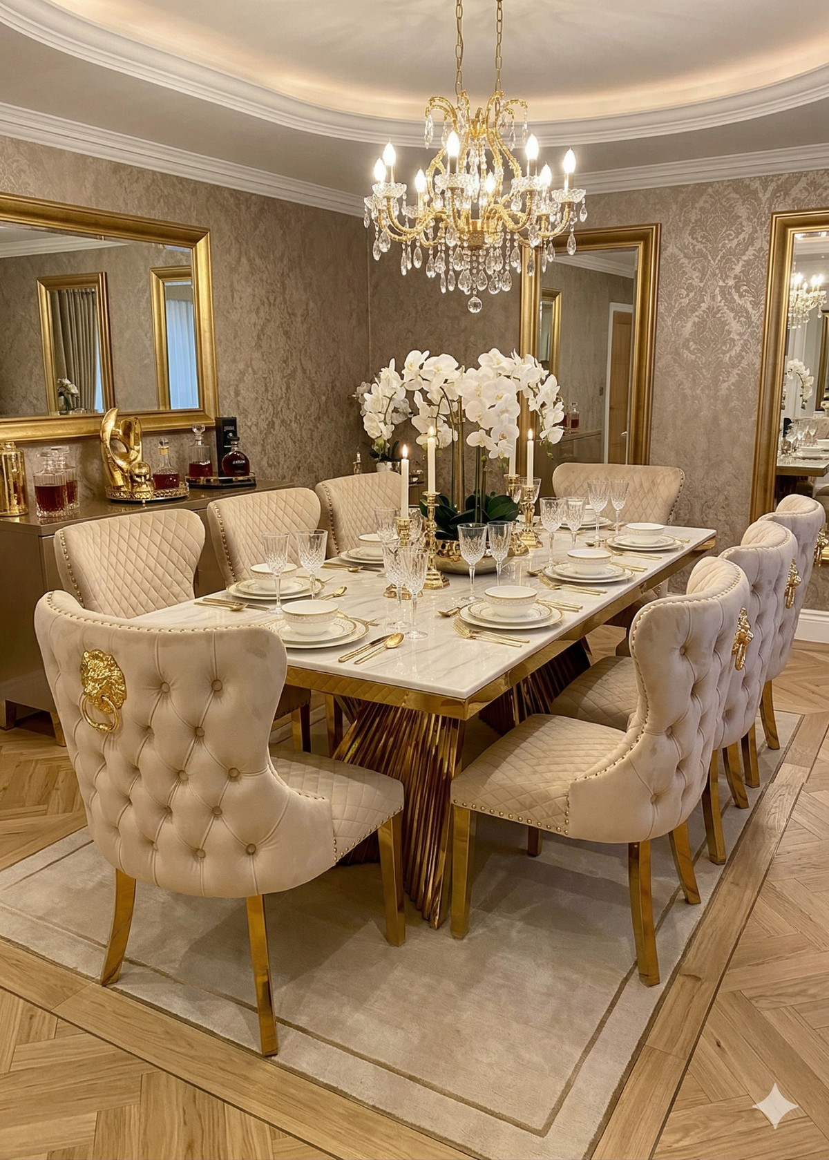 Ravello 160cm Cream & Gold Dining Table Set with Valentino Chairs