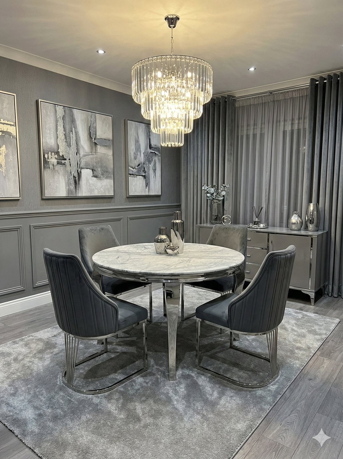 Sofia Grey Marble Dining Table with Lasco Grey Chairs