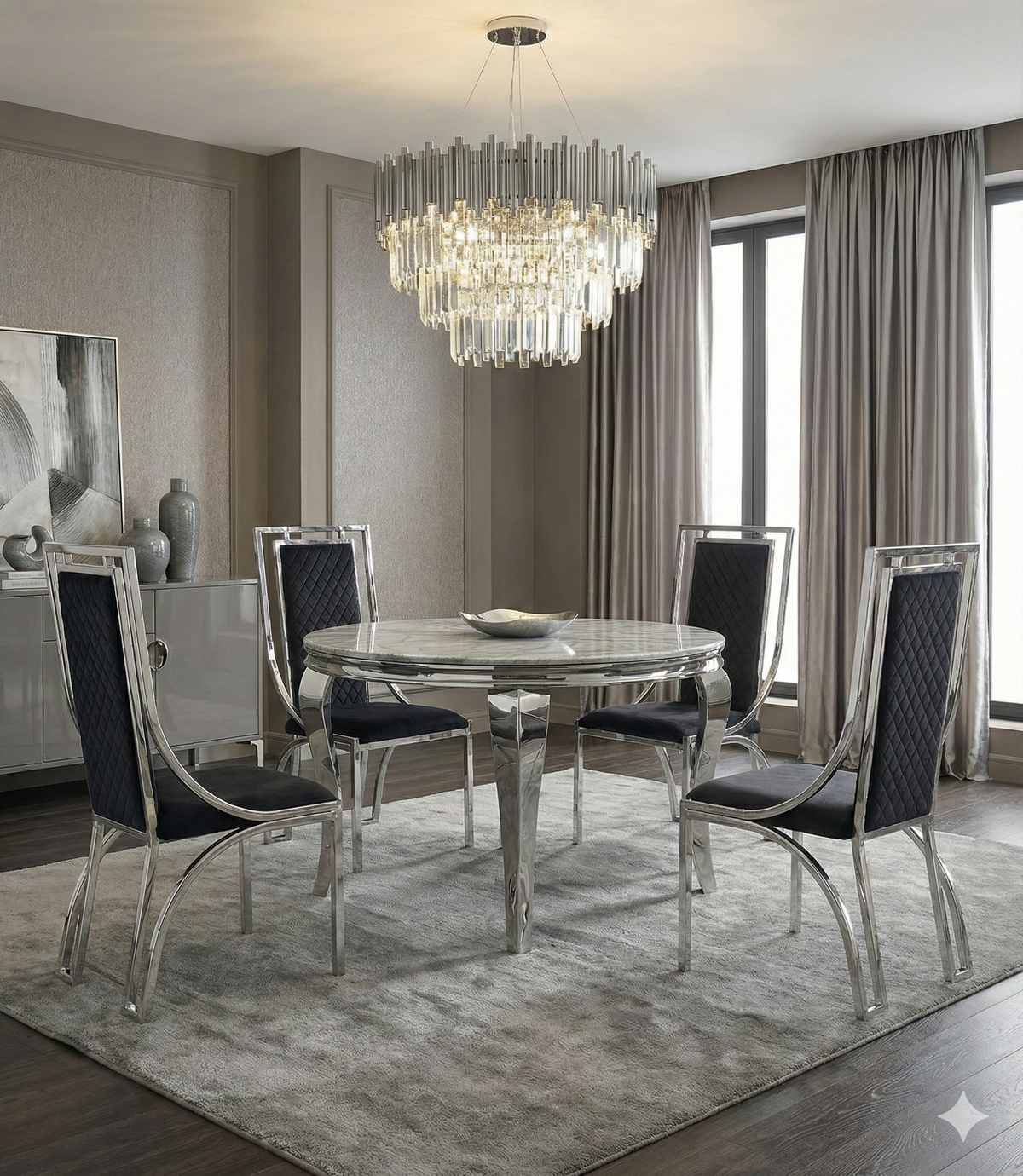 Sofia Grey Marble Dining Table with Windsor Chairs