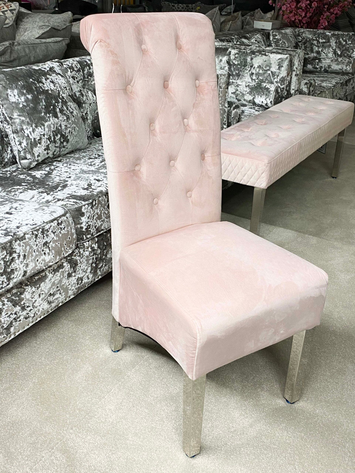 Sofia Pink Velvet Dining Chair with Chrome Lion Knocker & Legs