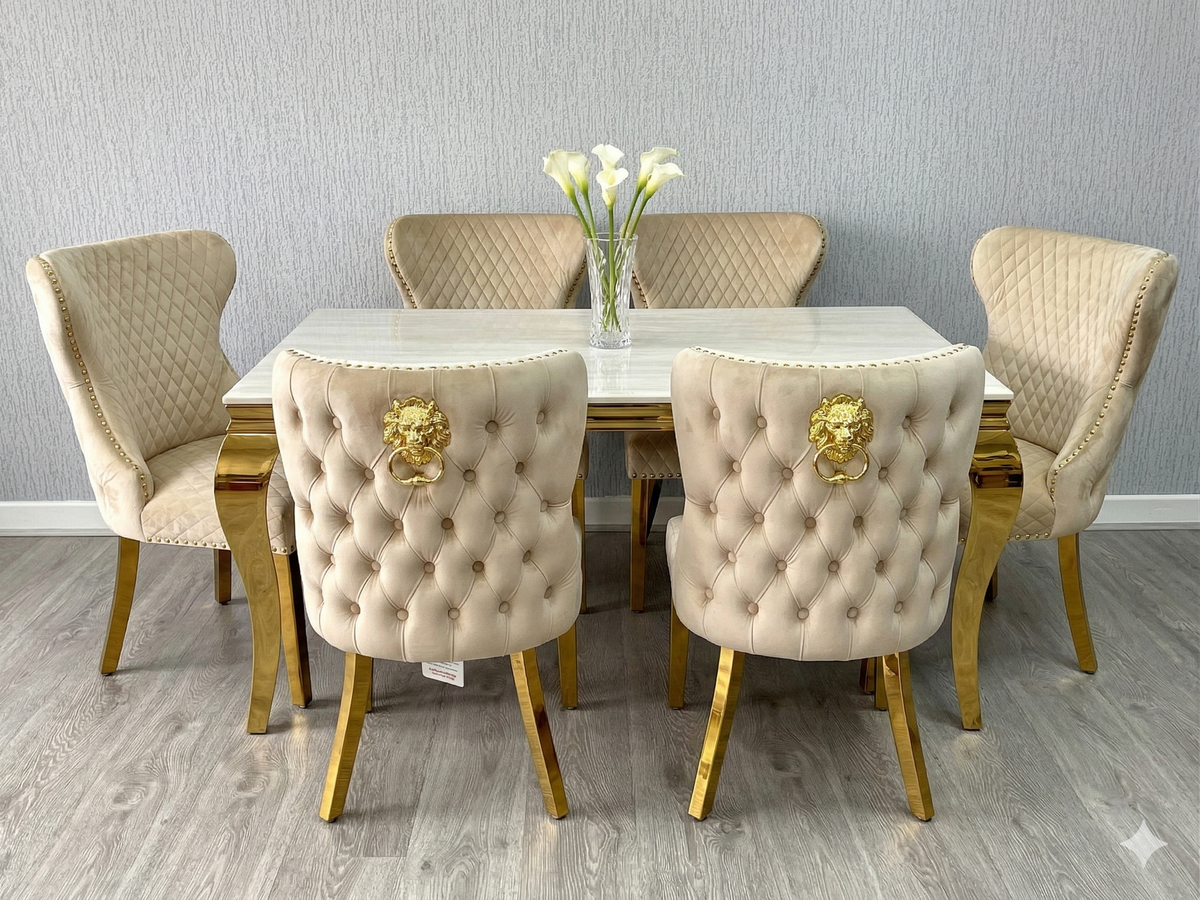 Elina 160cm Gold Marble Dining Table with Valentino Gold Chairs