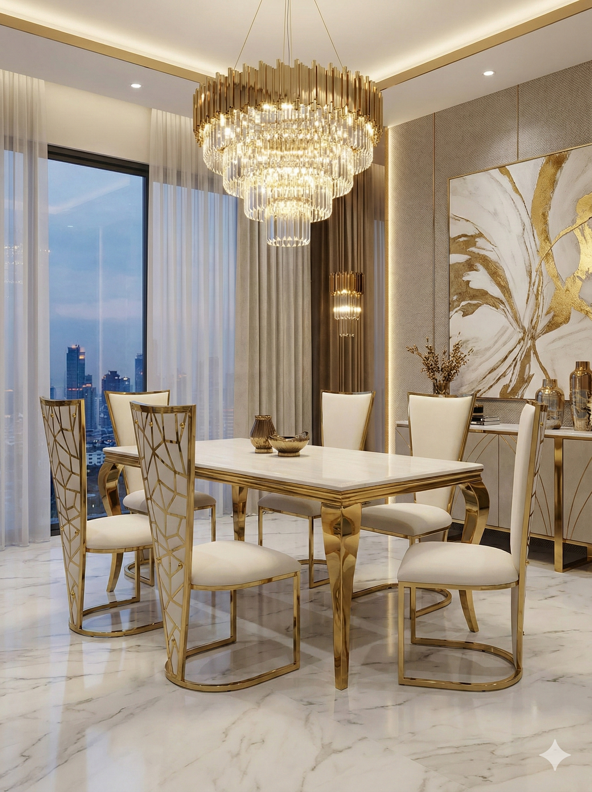 Sofia Cream Gold Marble Dining Table Set with Vienna Chairs