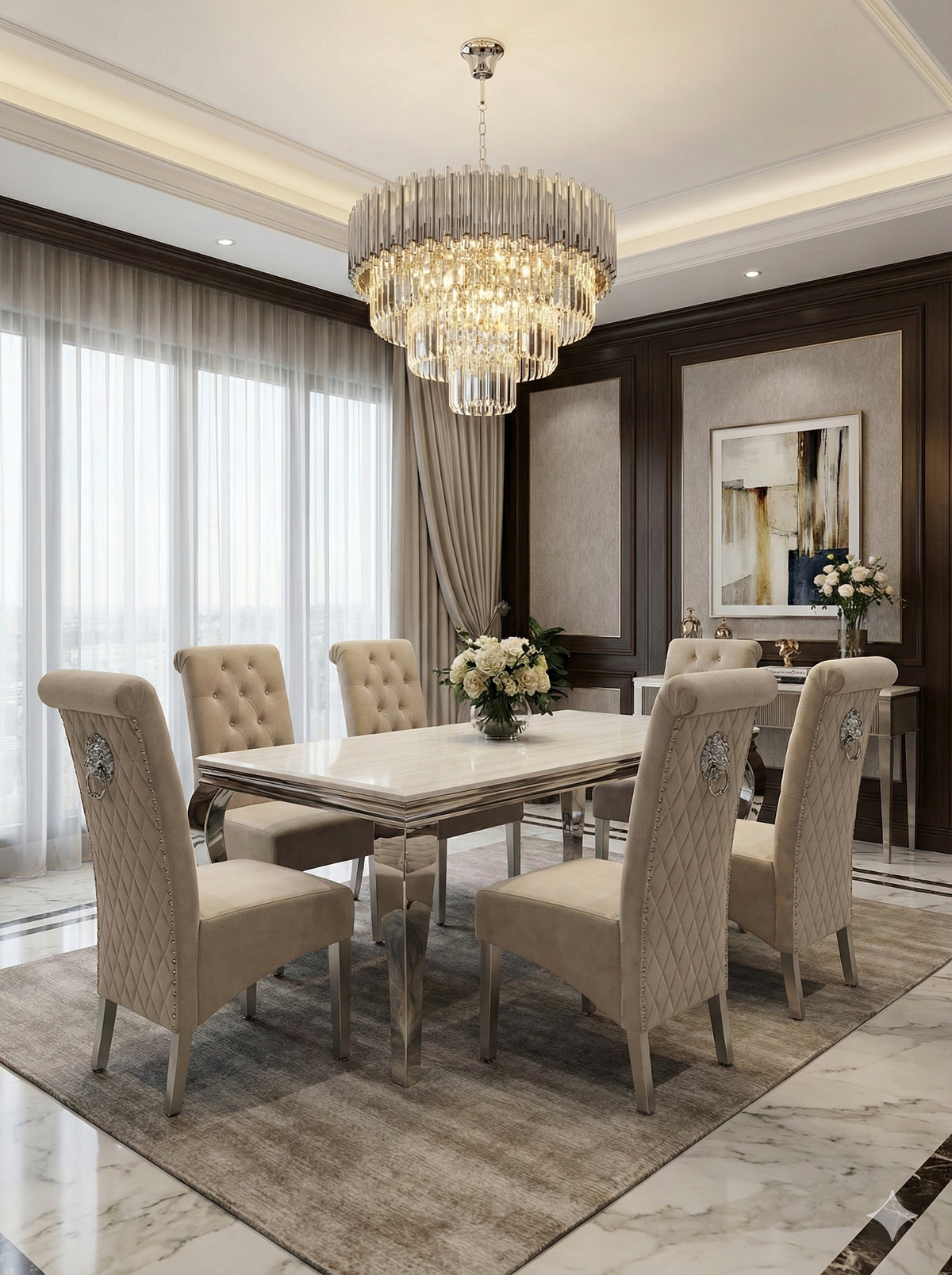 Sofia Grey Marble Dining Table Set with Sofia Grey Lion Knocker Chairs