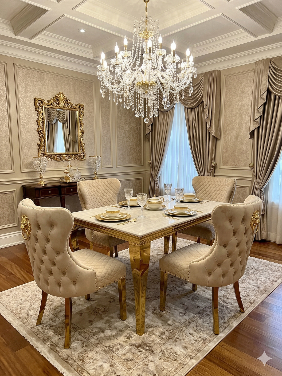 Elina 160cm Gold Marble Dining Table with Valentino Gold Chairs