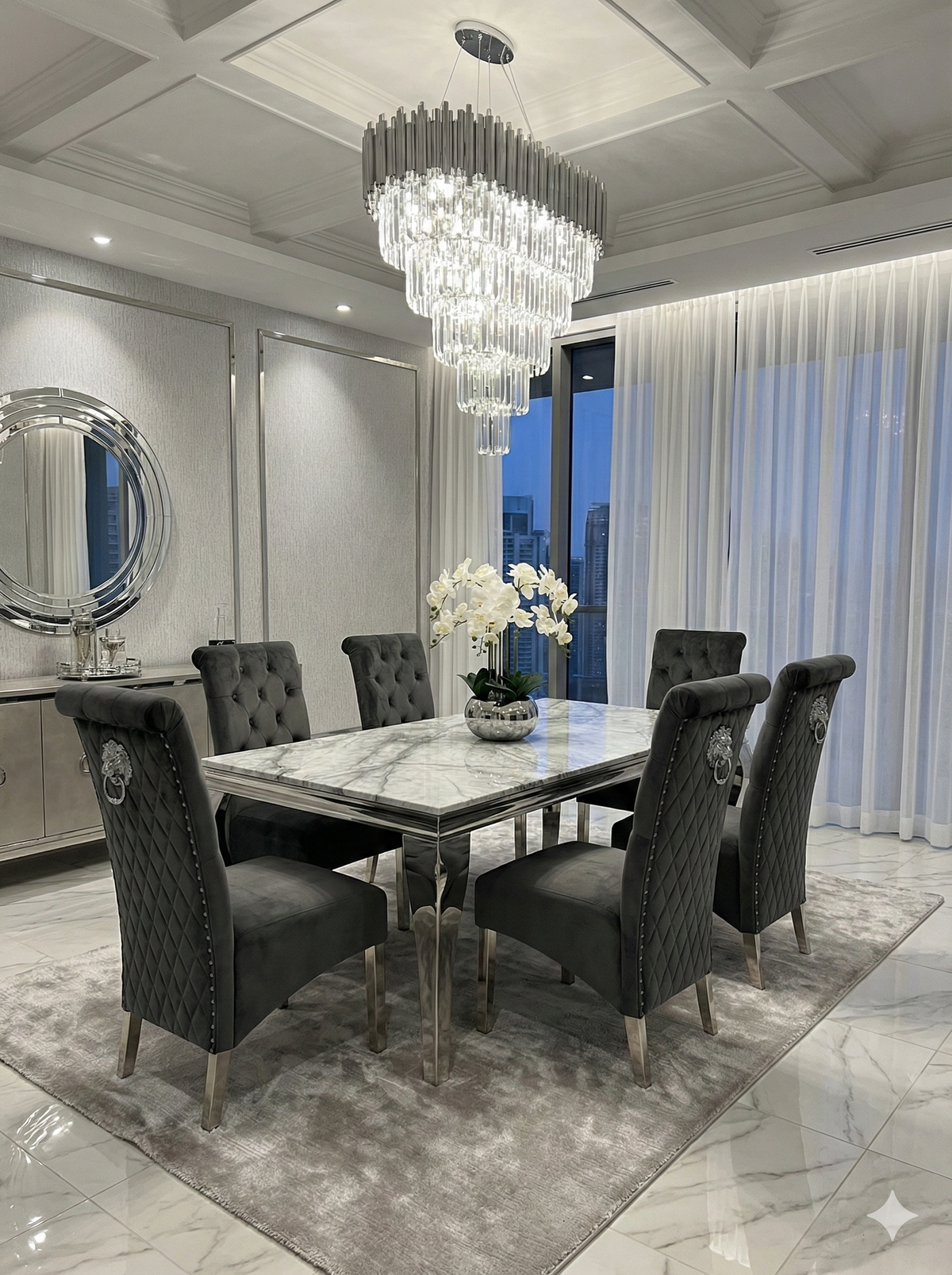 Sofia Grey Marble Dining Table Set with Sofia Grey Lion Knocker Chairs