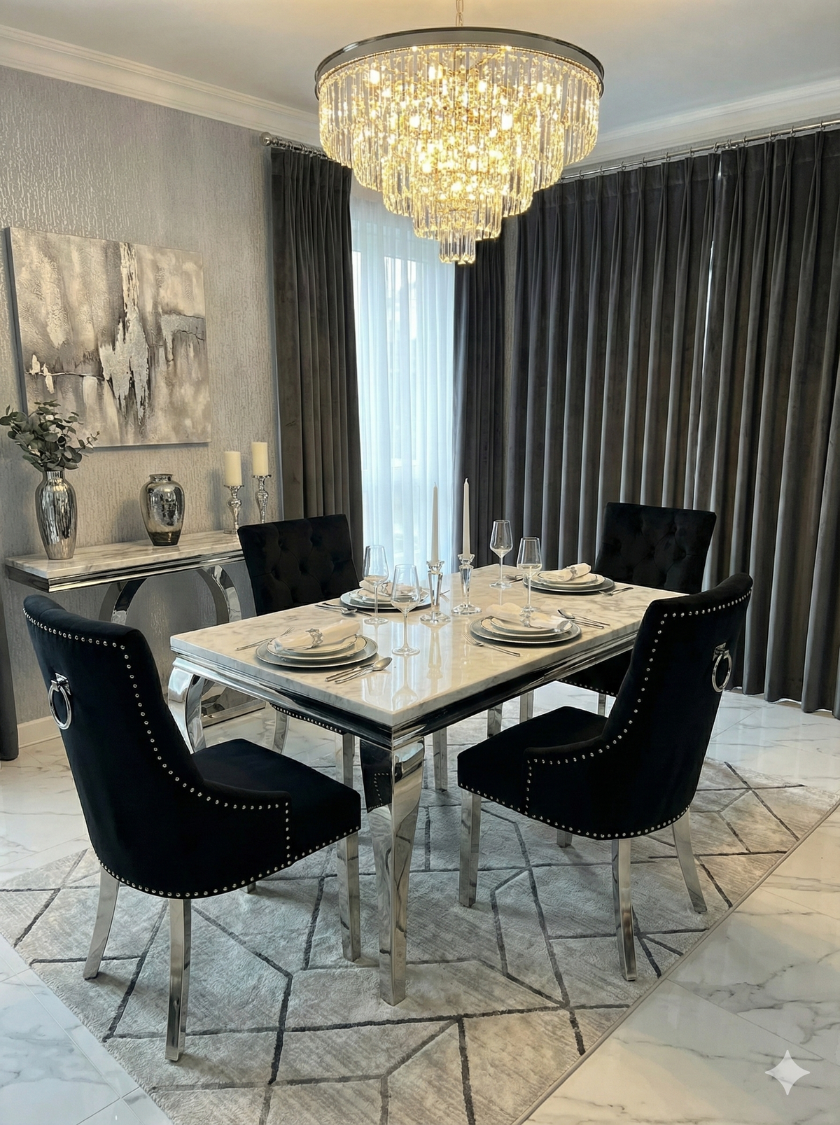 Sofia Cream Marble Dining Table with Valencia Ring Knocker Chairs