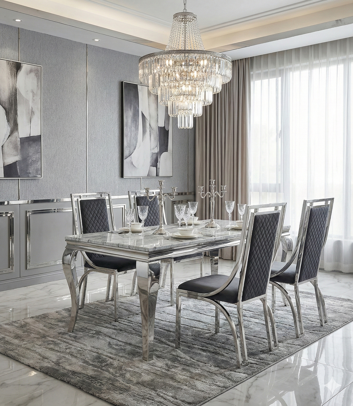 Sofia Grey Marble Dining Table with Windsor Chairs