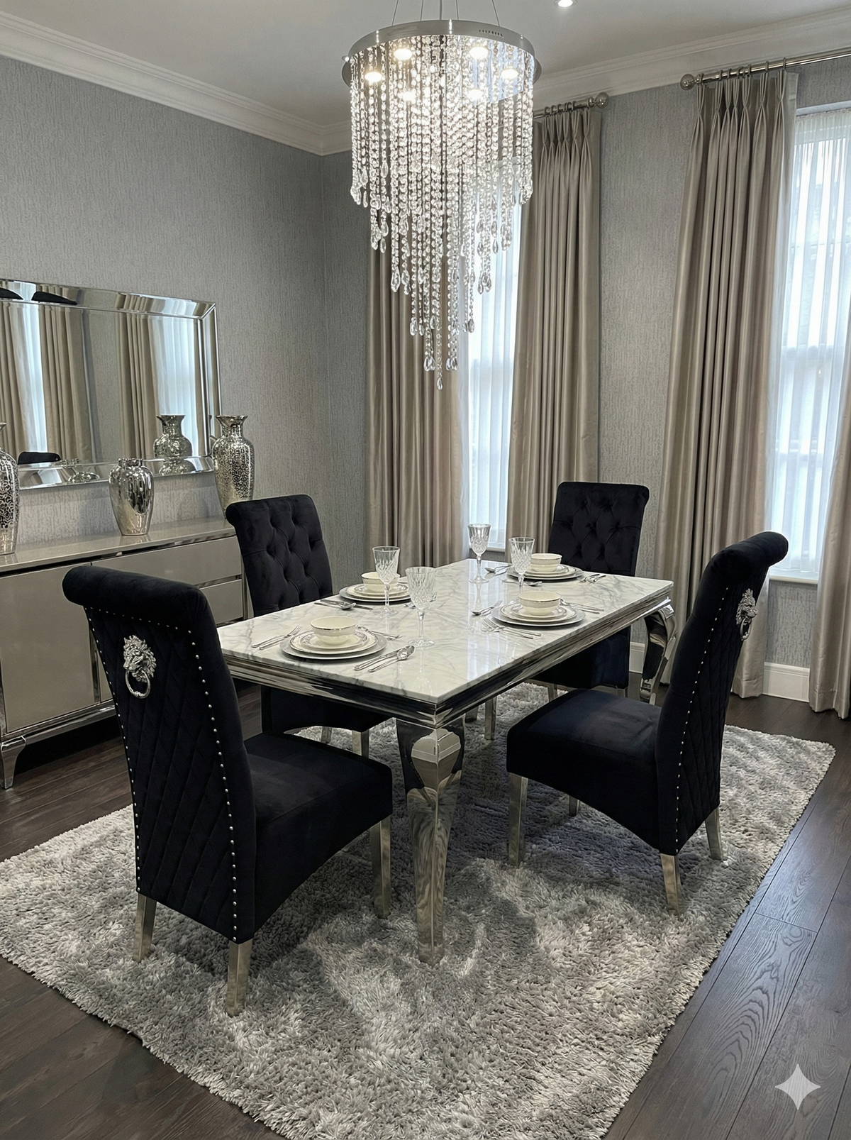 Sofia Grey Marble Dining Table Set with Sofia Grey Lion Knocker Chairs
