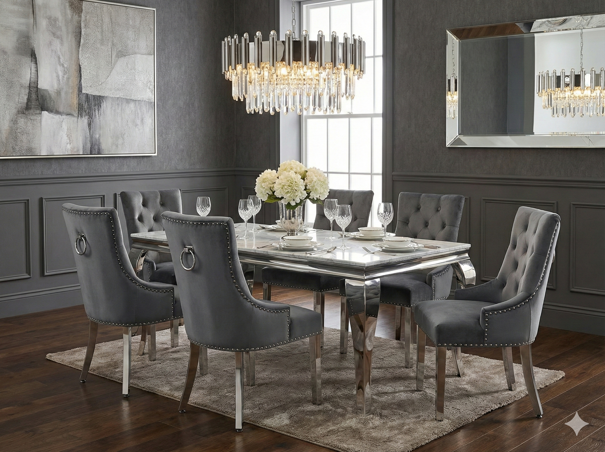 Sofia Cream Marble Dining Table with Valencia Ring Knocker Chairs