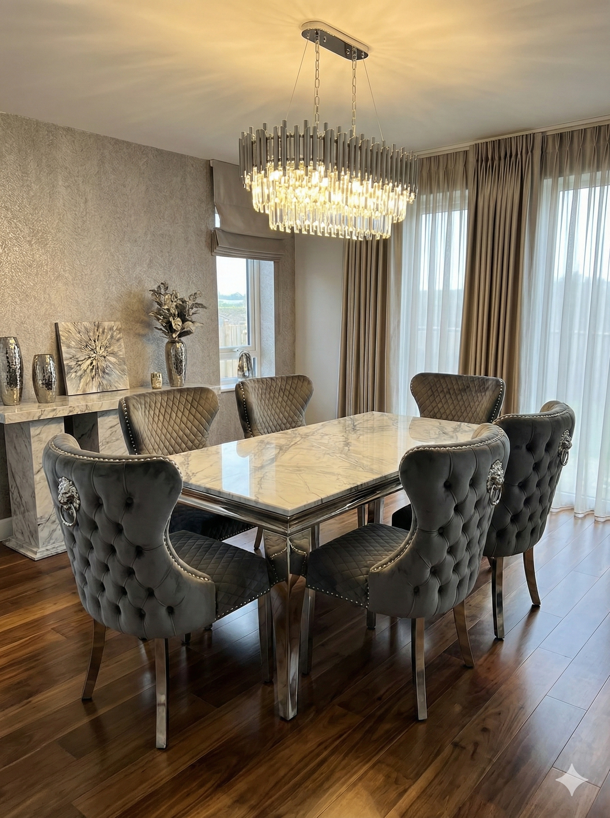 Sofia Grey Marble Dining Table with Valentino Lion Knocker Chairs