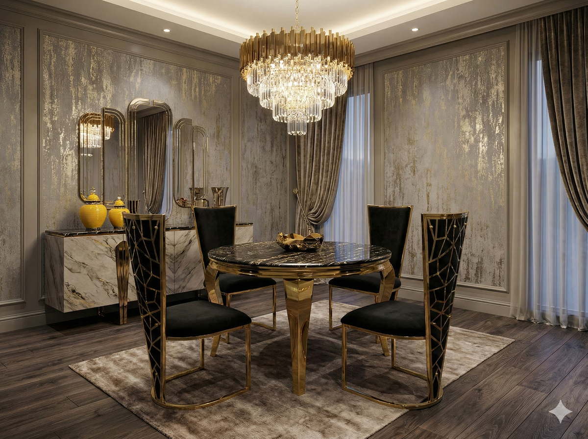Sofia Cream Gold Marble Dining Table Set with Vienna Chairs