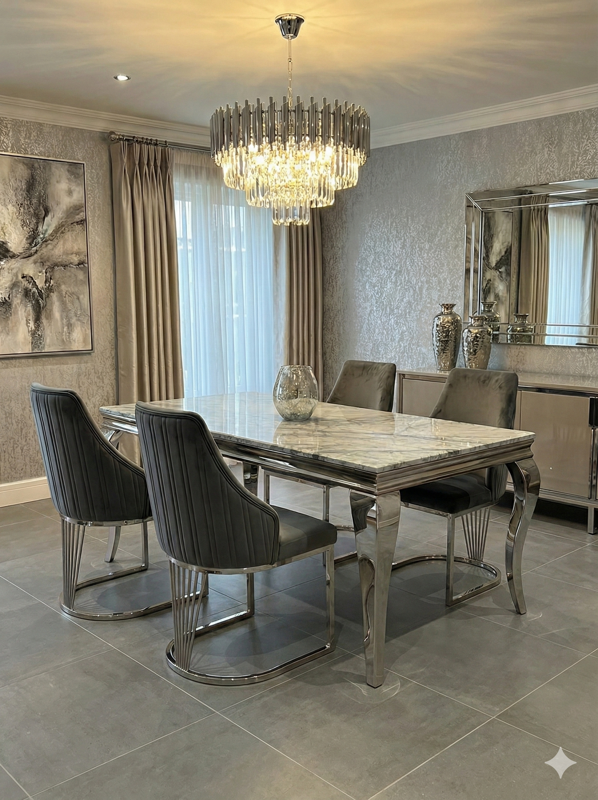 Sofia Grey Marble Dining Table with Lasco Grey Chairs
