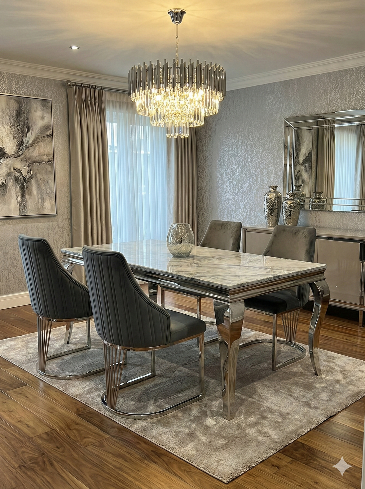 Sofia Grey Marble Dining Table with Lasco Grey Chairs