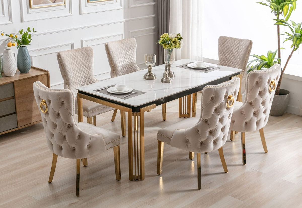 Sorrento Rectangle 180cm Ceramic Gold Table Set With Chairs