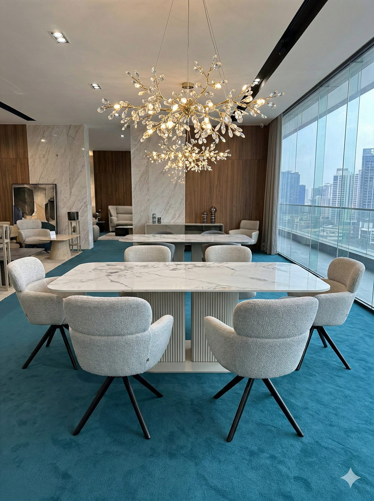Sydney 160cm Cream Gold Ceramic Marble Dining Table With Tuscany Swivel Dining Chair (DUE BACK IN STOCK END OF JULY)