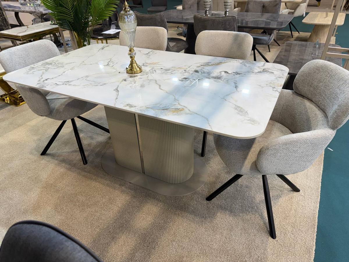 Sydney 160cm Cream Gold Ceramic Marble Dining Table With Tuscany Swivel Dining Chair (DUE BACK IN STOCK END OF JULY)