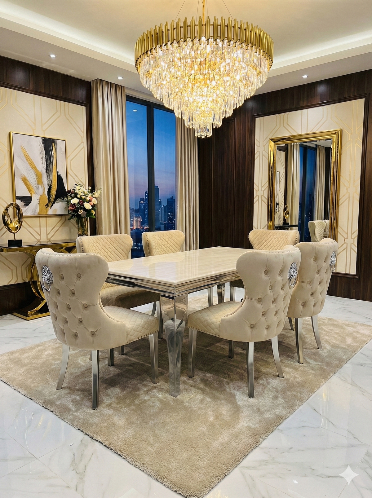 Sofia Grey Marble Dining Table with Valentino Lion Knocker Chairs
