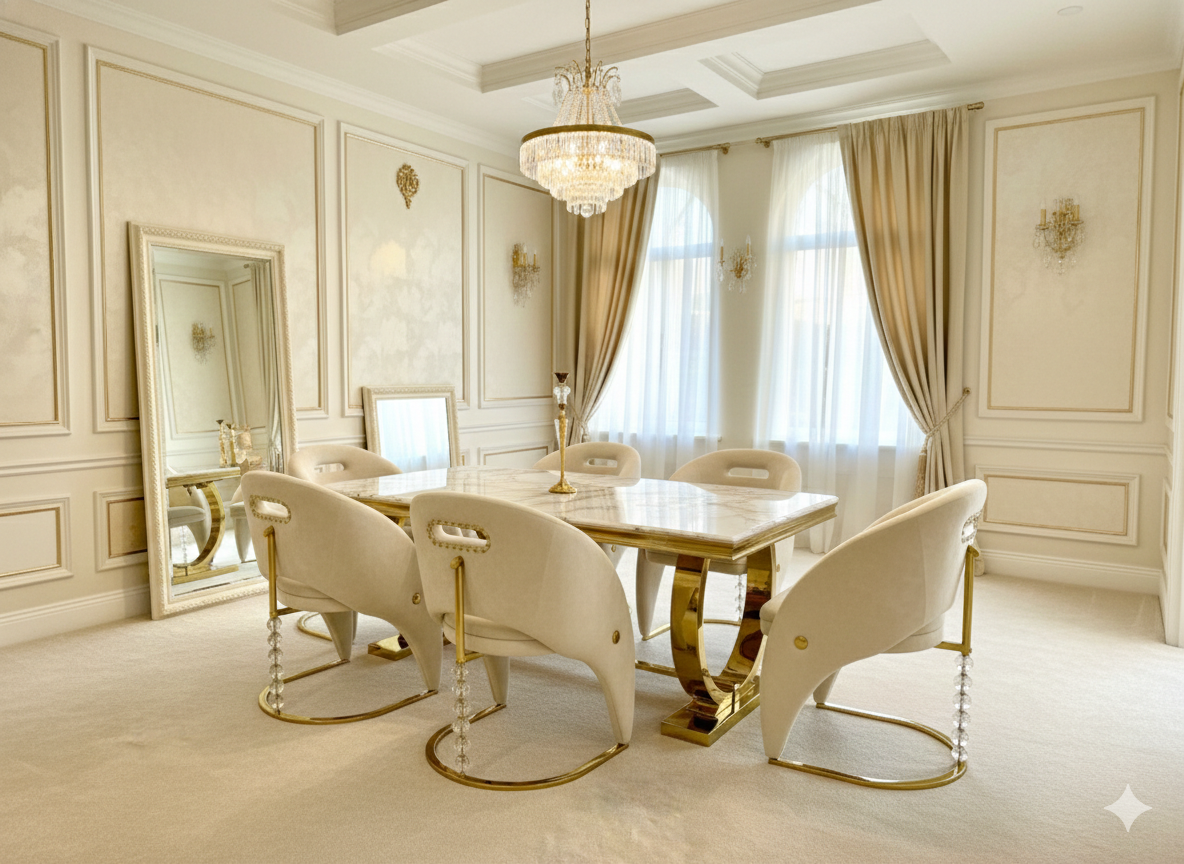 Ariana 160cm Gold Marble Dining Table with Vegas Chairs