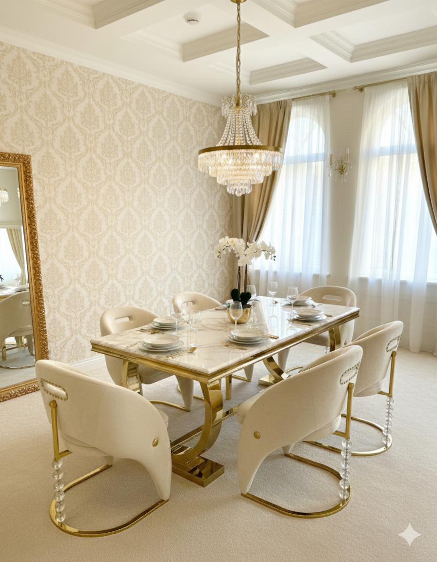 Ariana 160cm Gold Marble Dining Table with Vegas Chairs