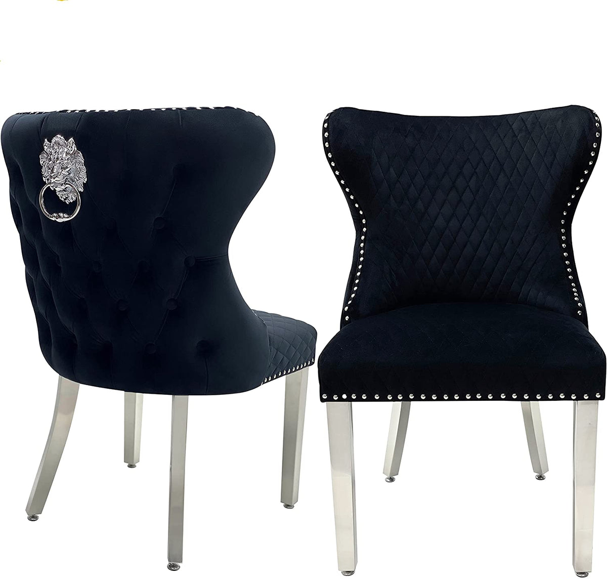 Set Of 2 Valentino Black Velvet Dining Chair With Lion Knocker