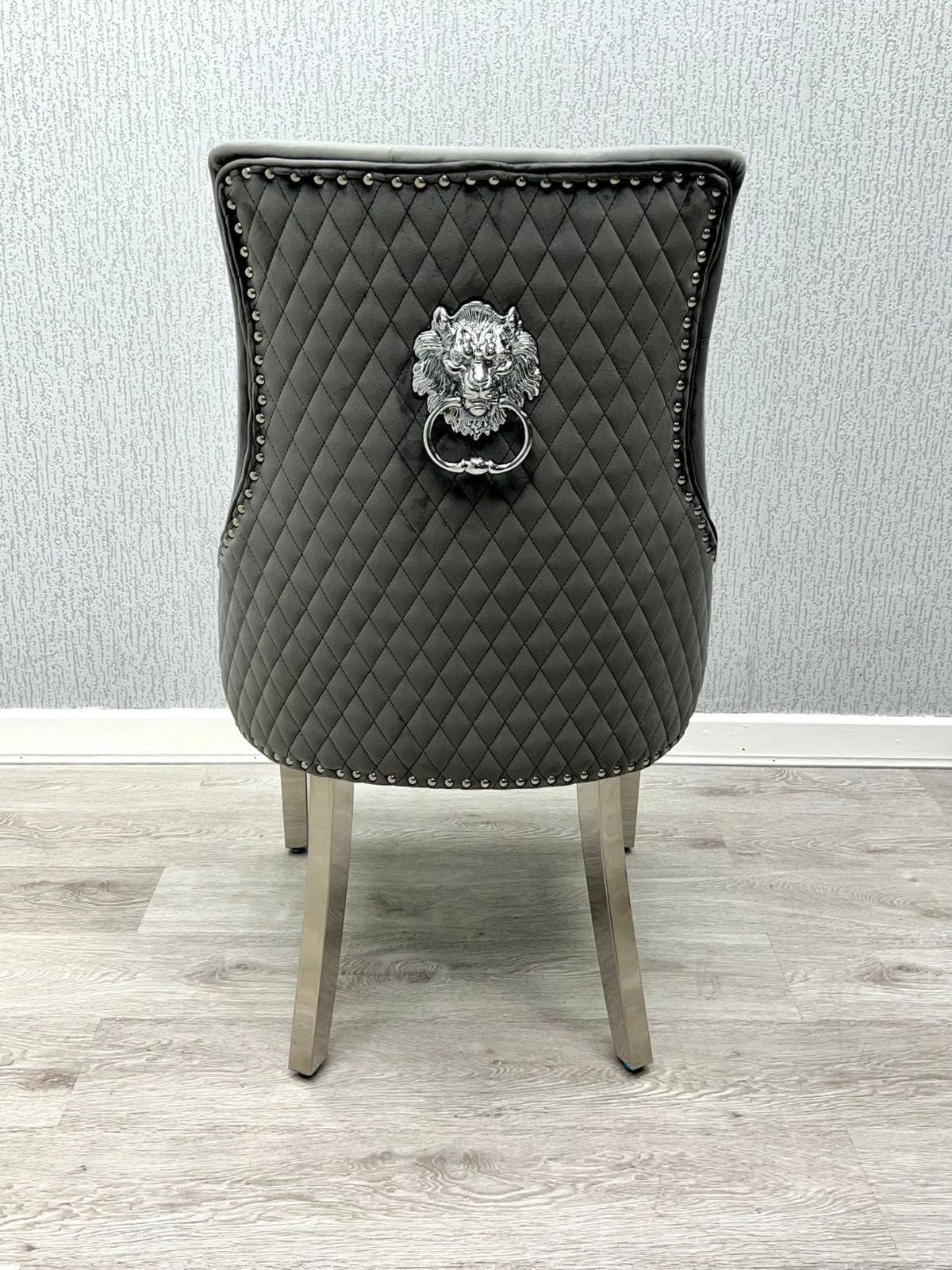 Sofia Grey Marble Dining Table with Majestic Grey Lion Knocker Chairs
