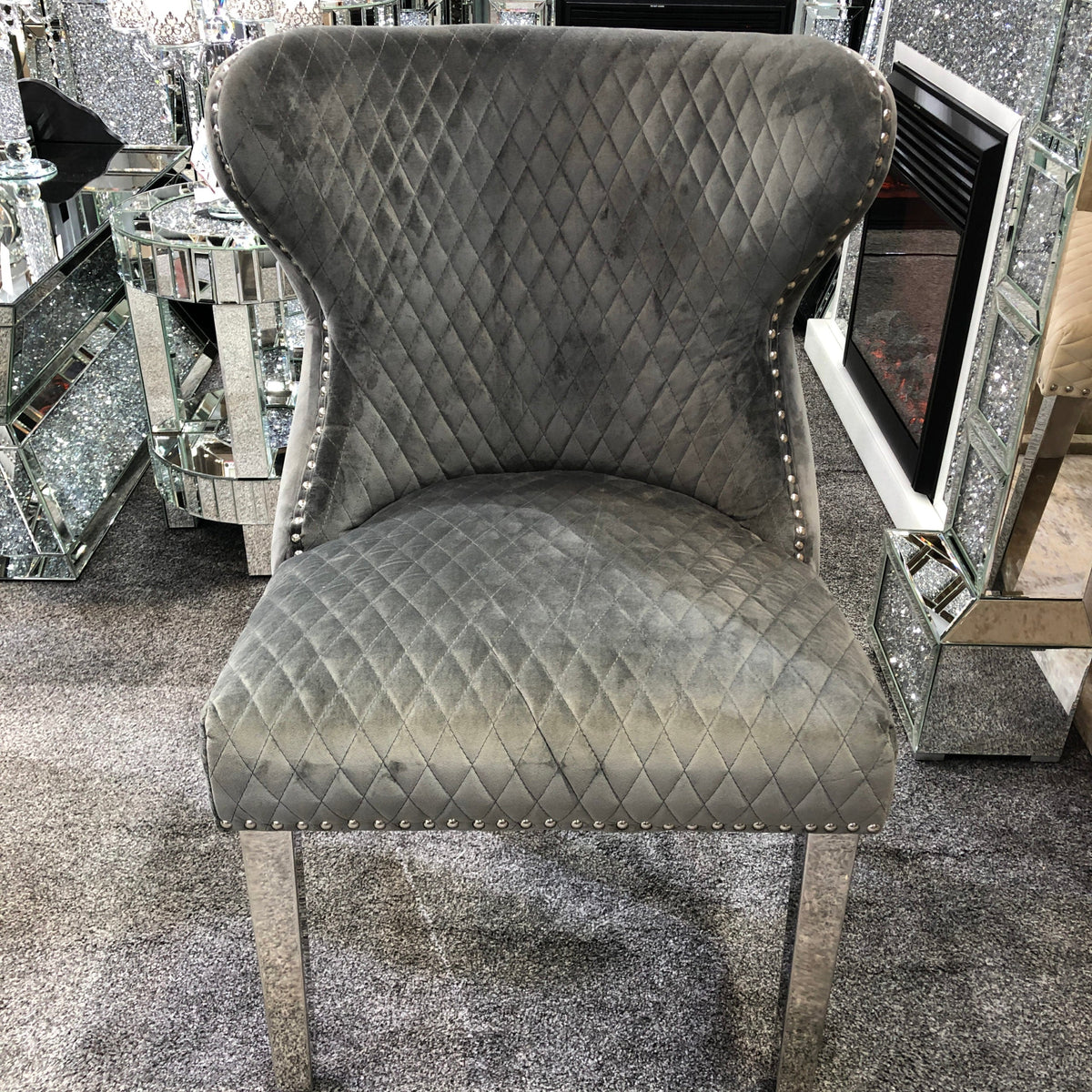 Set Of 2 Valentino Grey Velvet Dining Chair With Lion Knocker