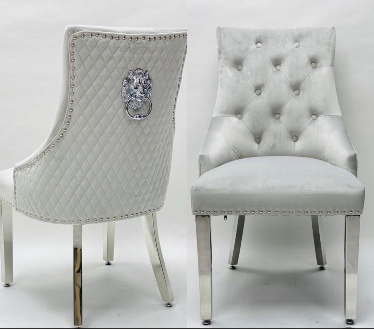 Elina Luxury Grey Marble Dining Table with Majestic Lion Knocker Chairs