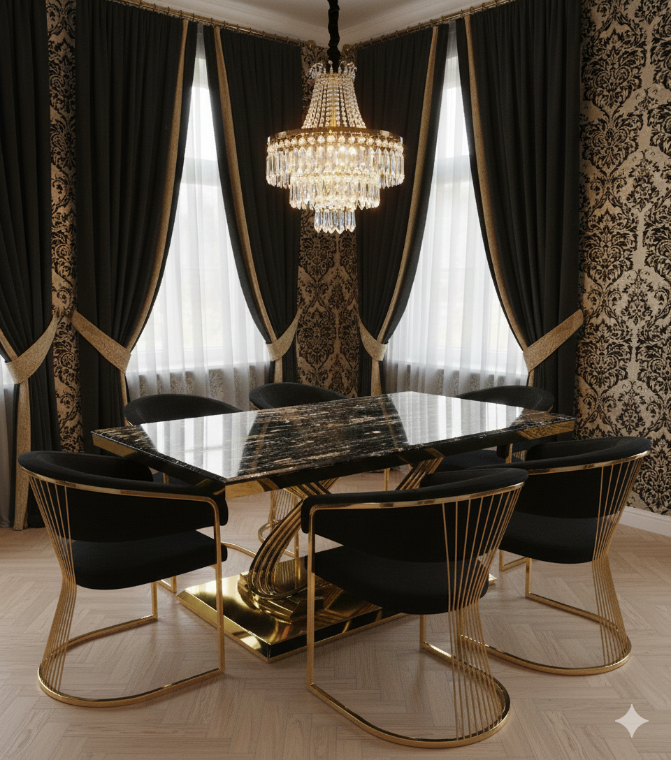 Elina 160cm Gold Marble Dining Table with Porado Chairs