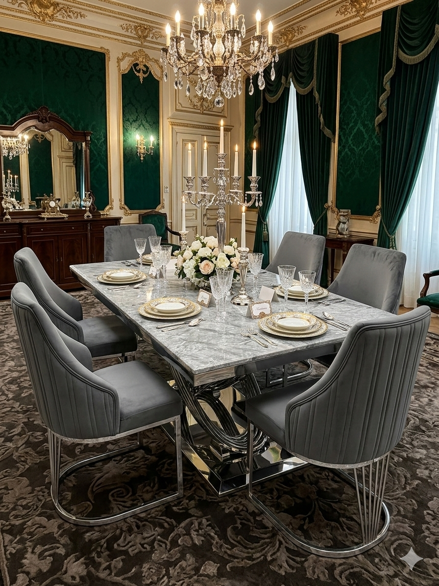 Elina Luxury Grey Marble Dining Table with Lasco Grey Chairs