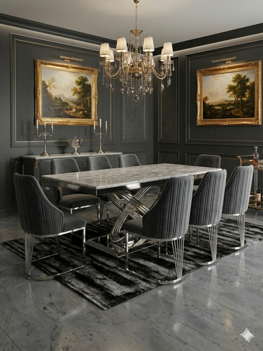 Elina Luxury Grey Marble Dining Table with Lasco Grey Chairs