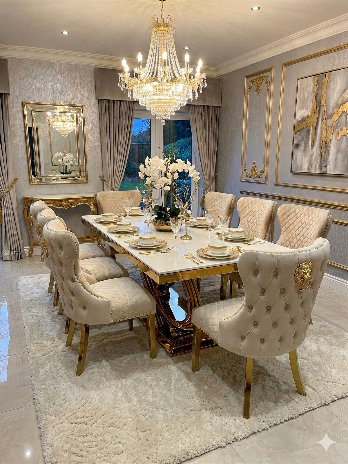 Elina 160cm Gold Marble Dining Table with Valentino Gold Chairs