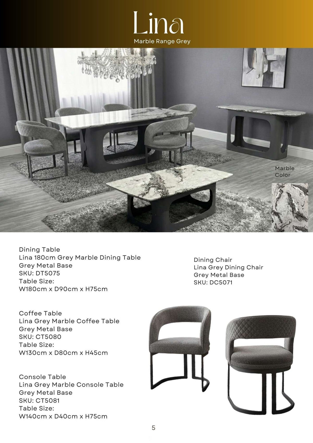 Lin Luxury Grey Marble Dining Table with Chairs