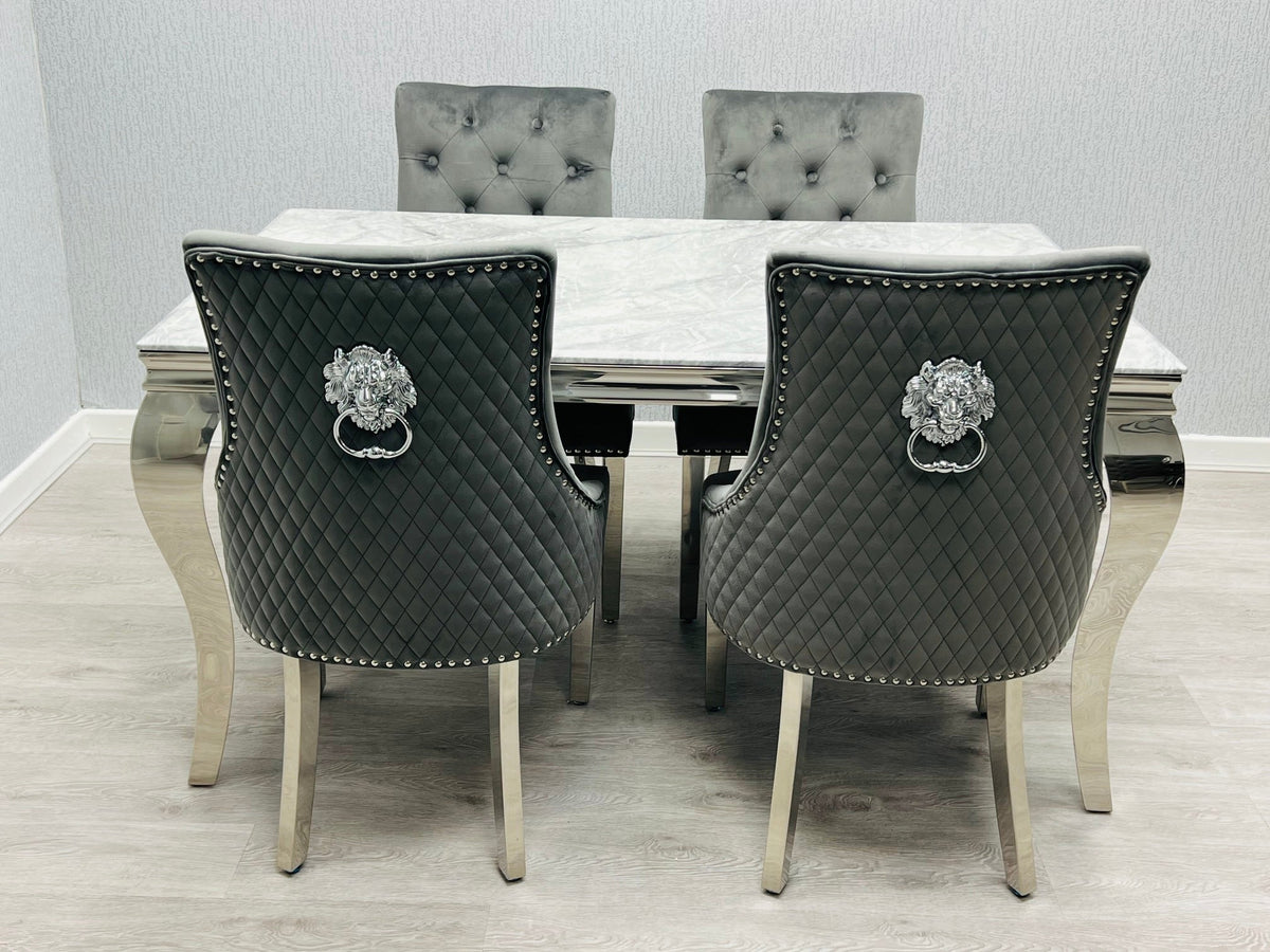 Sofia Grey Marble Dining Table with Majestic Grey Lion Knocker Chairs