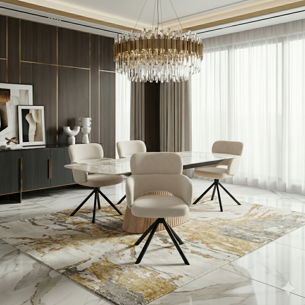 Mona Extendable Dining Table Beige Marble Effect Sintered Stone 160-240cm With Tuscany Chairs