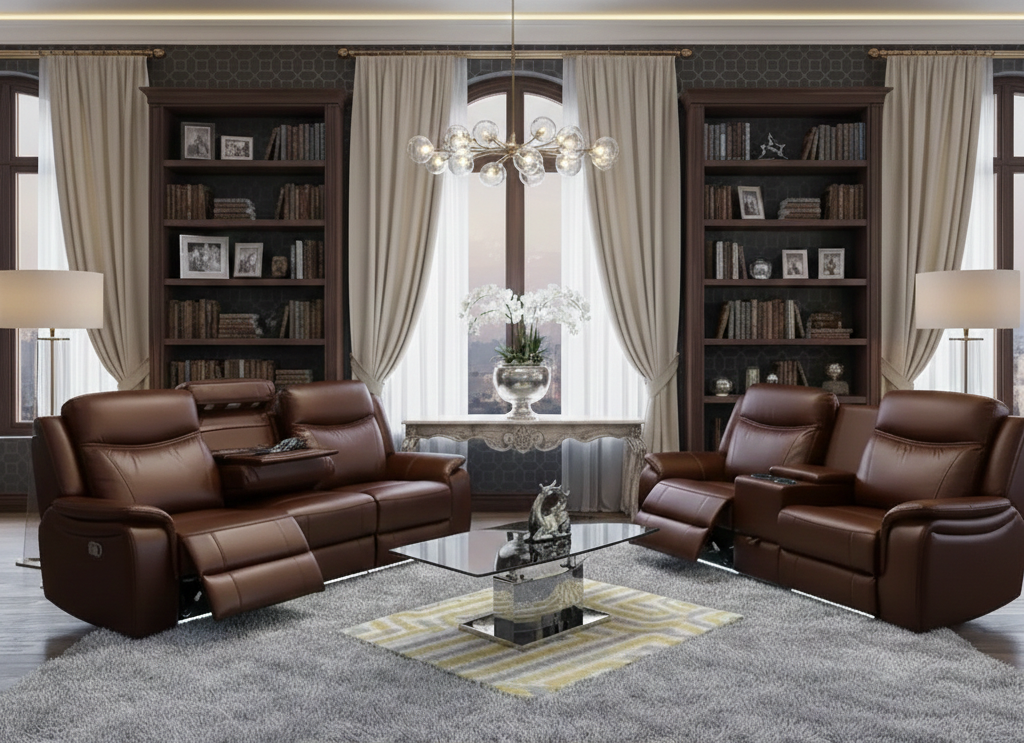 Posh Leather Electric Recliner Sofa 3+2 Seater-Bluetooth/USB/C-Type/Led/Cooling-Cup Holders
