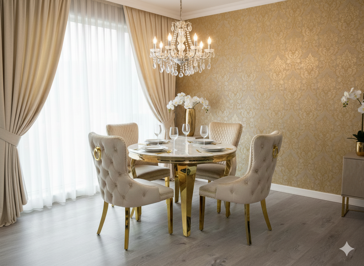Sofia Round Cream & Gold Marble Dining Table with Victoria Knocker Chairs