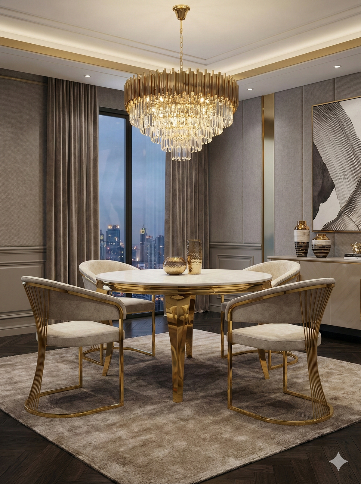 Sofia Cream Gold Marble Dining Table with Porado Chairs