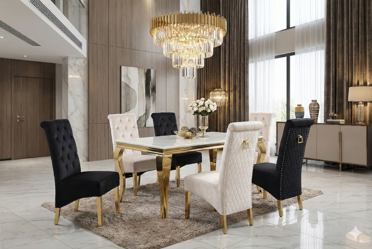 Sofia Cream Gold Marble Dining Table with Sofia Cream Gold Chairs