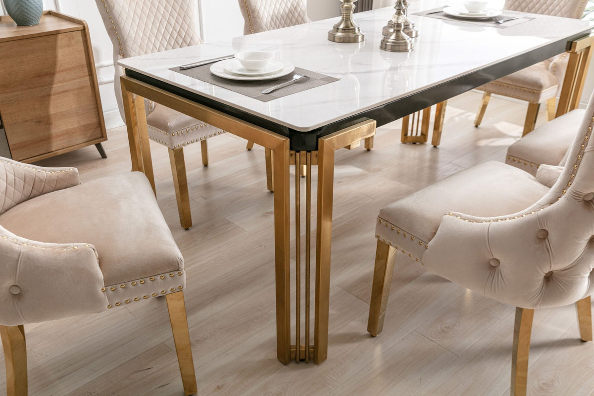 Sorrento Rectangle 180cm Ceramic Gold Table Set With Chairs