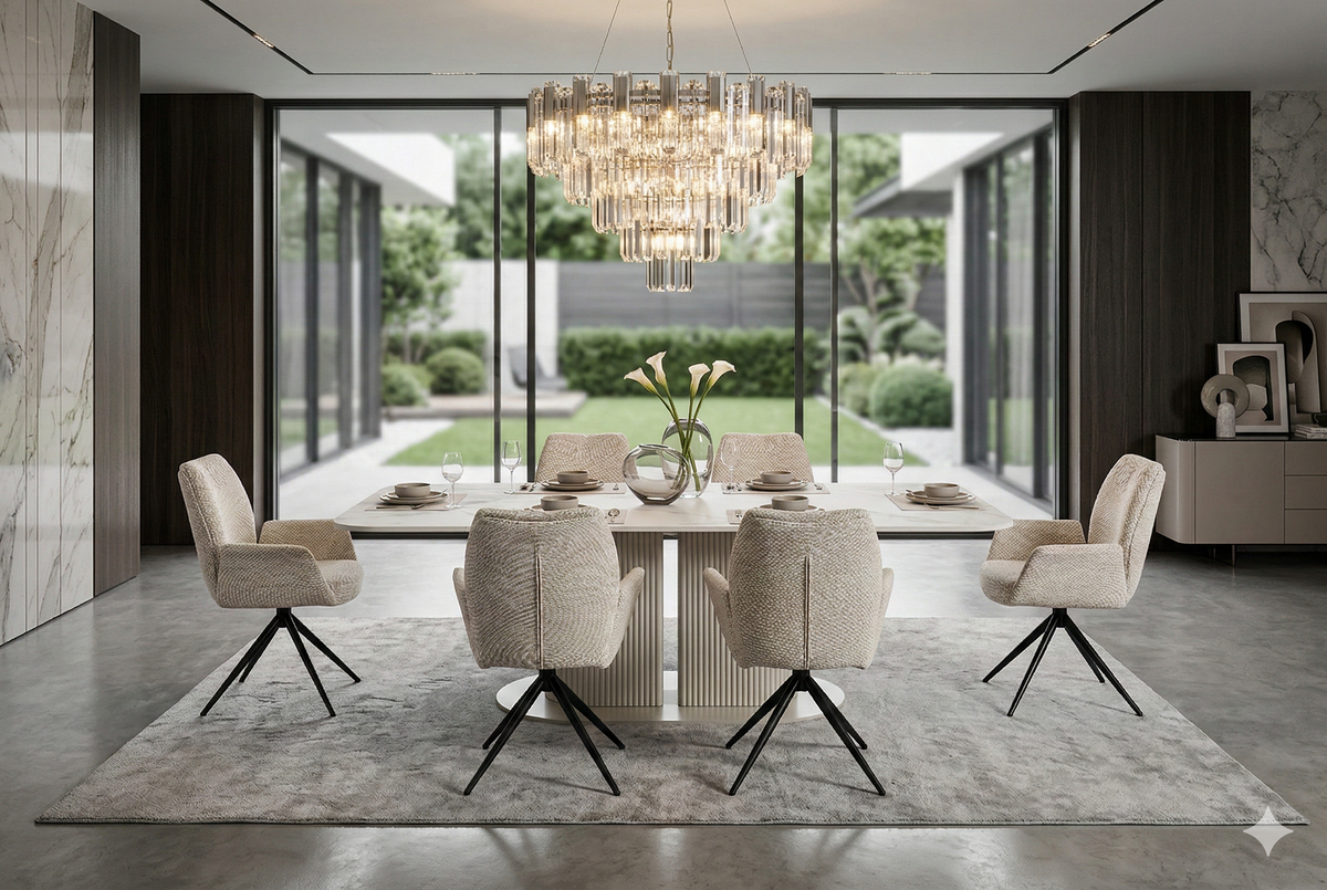Sydney 160cm Cream Gold Ceramic Marble Dining Table With Fairmont Swivel Dining Chair (DUE BACK IN STOCK END OF JULY)