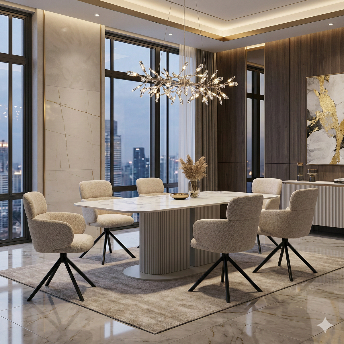 Sydney 160cm Cream Gold Ceramic Marble Dining Table With Tuscany Swivel Dining Chair (DUE BACK IN STOCK END OF JULY)
