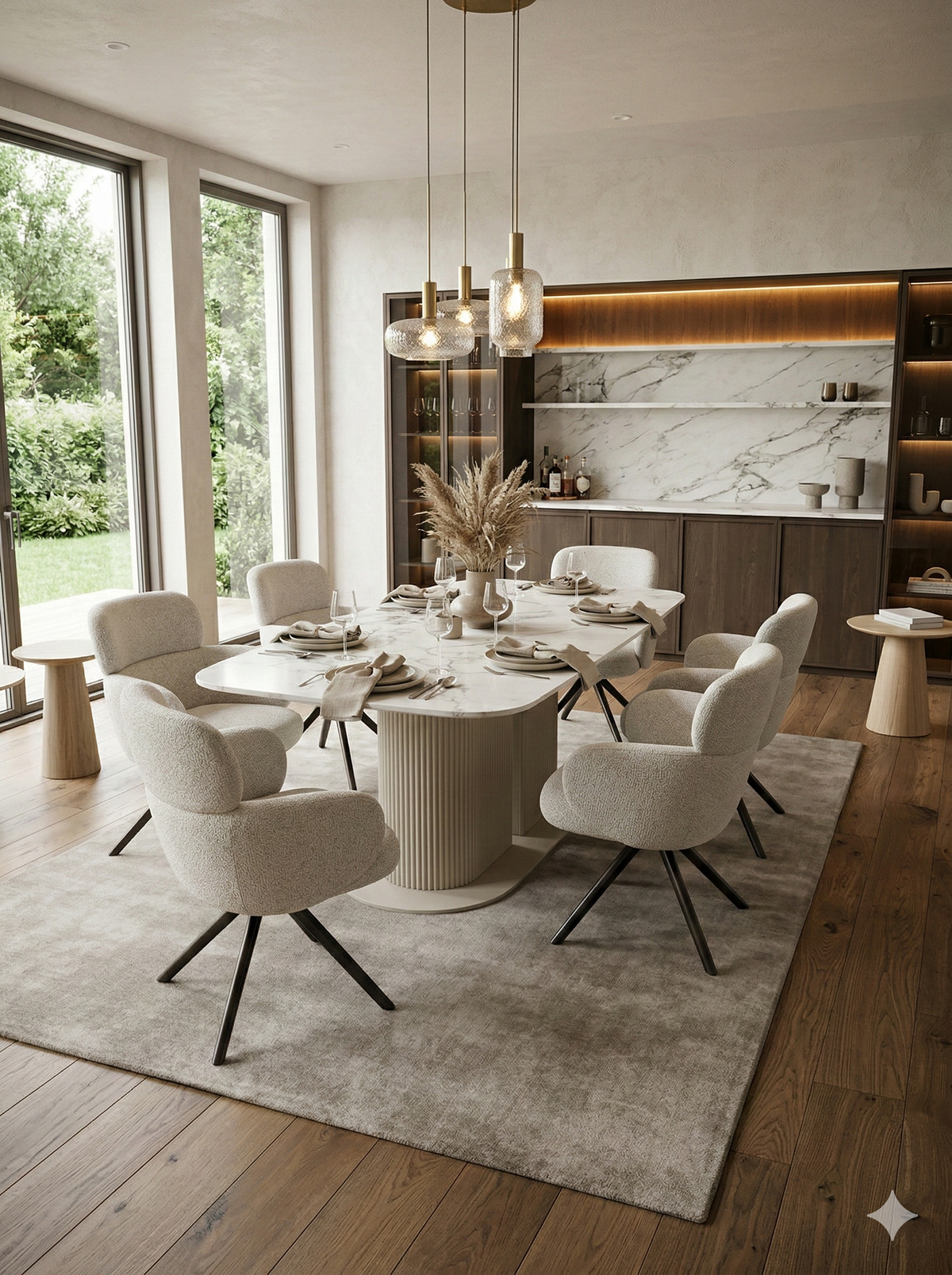 Sydney 160cm Cream Gold Ceramic Marble Dining Table With Tuscany Swivel Dining Chair (DUE BACK IN STOCK END OF JULY)