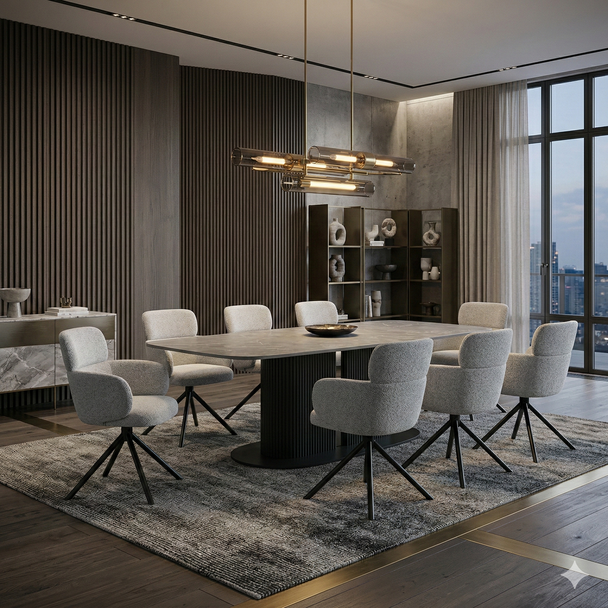 Sydney 160cm Grey Black Ceramic Marble Dining Table With Tuscany Swivel Dining Chair