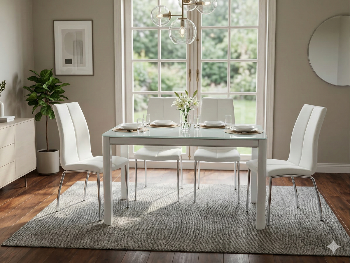White Morano Dining Table with 4 Carlo Chairs